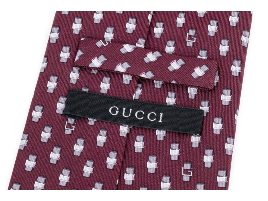 Gucci Burgundy And Grey Toned Patterned Silk Tie