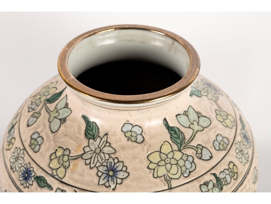 Chinese Matte Pink And Gilt Rimmed Porcelain Vase