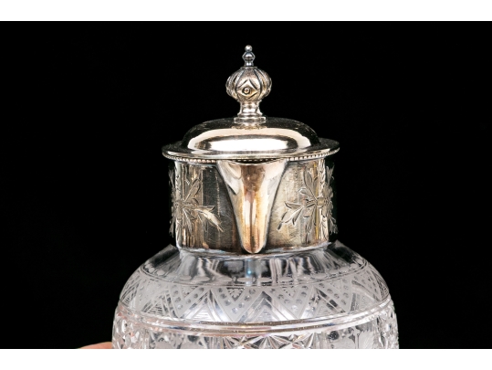 Antique Cut Glass And Silverplate Syrup Pitcher