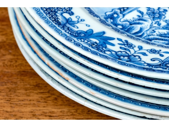 Set Of Seven Antique Chinese Export Blue And White Canton Pattern Porcelain Plates