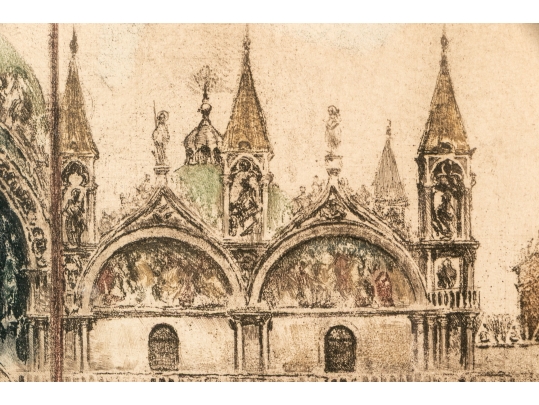 J. Wolf, Signed Hand Colored Etching, St. Mark's Basilica, Piazza San Marco Venice 