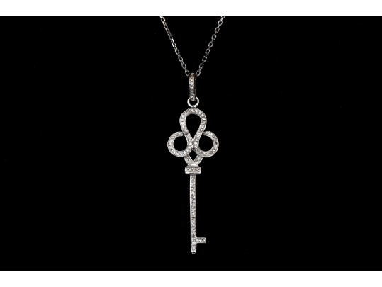 14k White Gold Handsome Diamond Set Swirled End Key Pendant, App. 0.21 TCW, With Chain
