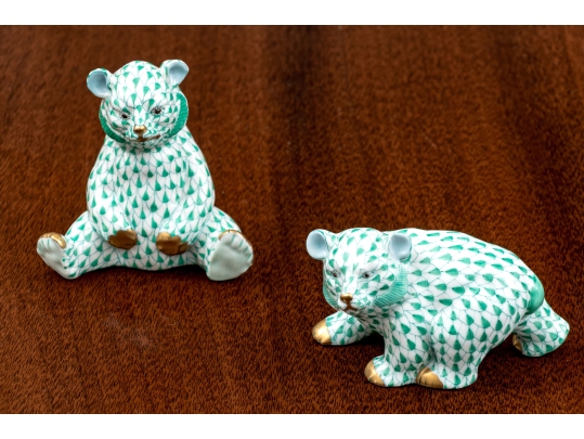 Duo Of Herend Hungary Hand-Painted Porcelain Bears, Green Fishnet Pattern