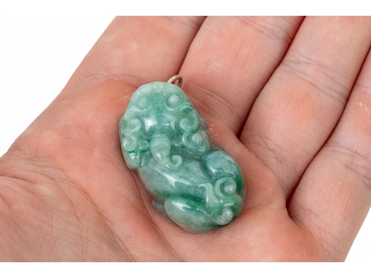Striking Carved Green Nephrite Jade Pendant, Possibly A Dragon, Fu Dog Or Bixie Motif