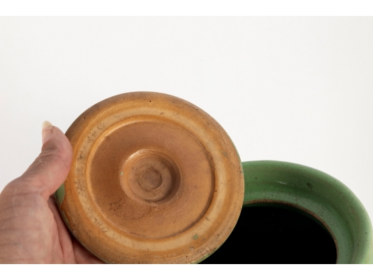 Antique Green Glazed Stoneware Lidded Crock