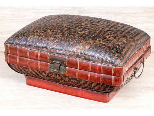 Vintage Chinese Woven Rattan And Lacquered Pillow Form Lidded Storage Box