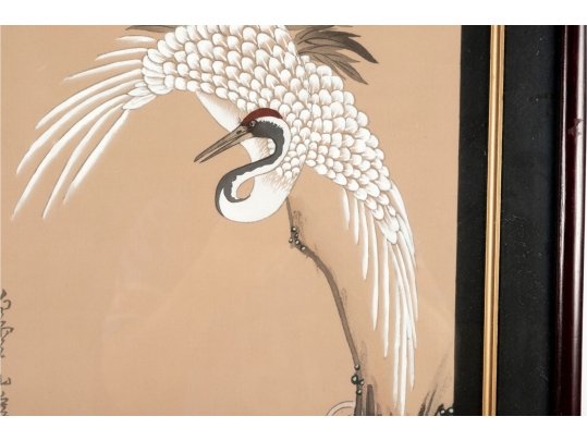 Pair Of Framed Asian Paintings On Silk Of Cranes