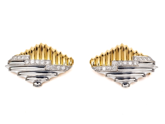 Michael Bondanza Platinum, 18k And Diamond Pair Of Opposing Deco Style Brooches, App. 1.20 TCW