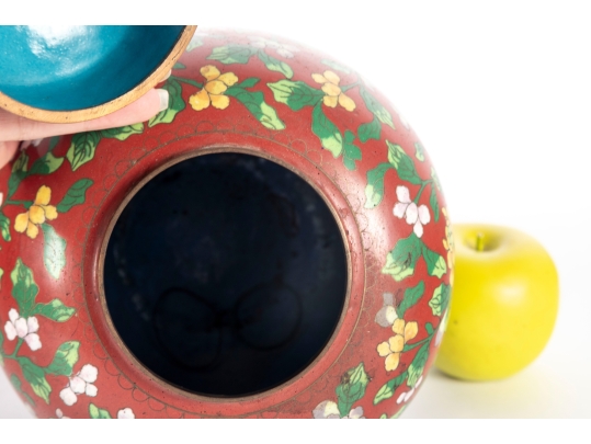 Pair Of Chinese Cloisonné Red Lidded Ginger Jars With Floral Motifs