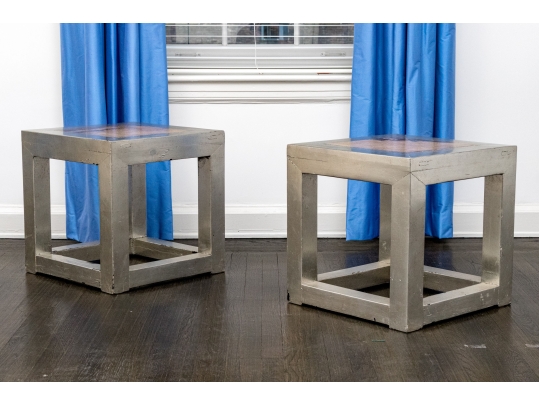 Pair Of Silvered Wood And Stone Top Accent Tables