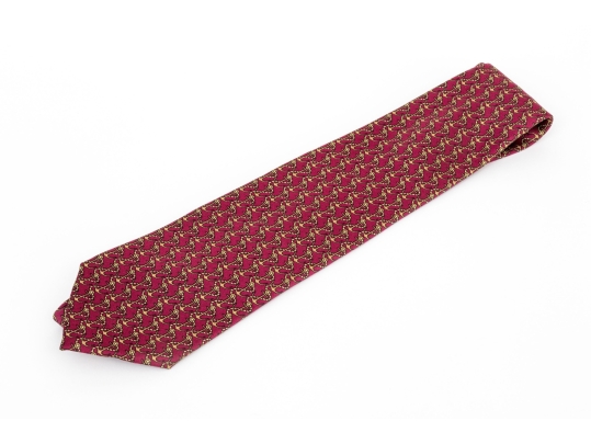 Hermes Burgundy And Gold Anchor Motif Silk Tie, With Box