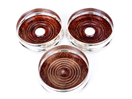 Set Of Three English Silverplate Wine Bottle Coasters