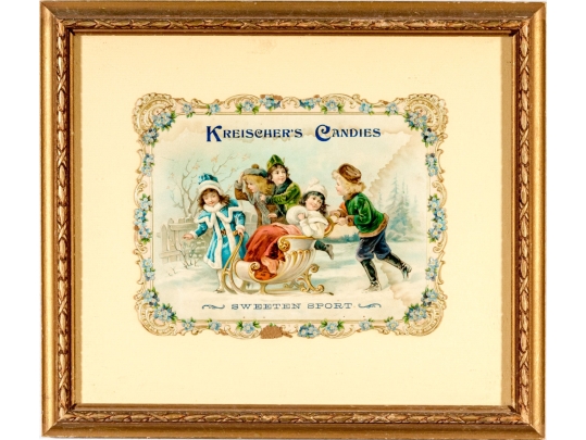 Antique Framed Color Candy Box Label, Kreischer's Candies, Sweeten Sport