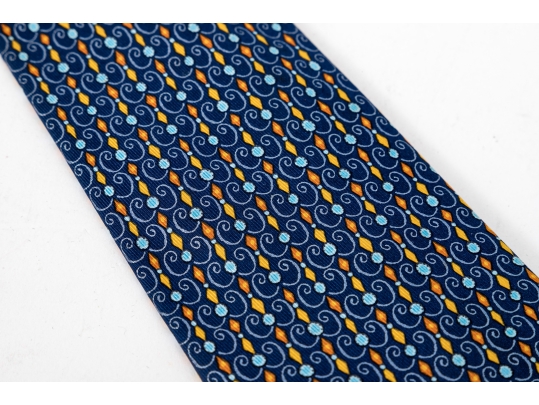 Hermes Handsome Navy Blue And Multi Color Silk Tie, With Box