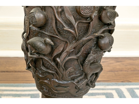 Pair Of Bronze Twin Handled Vases With Topiaries