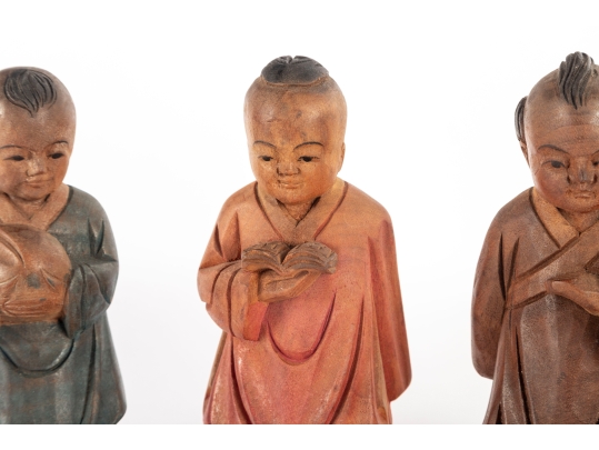 Set Of Three Hand-Carved Asian Wooden Figures