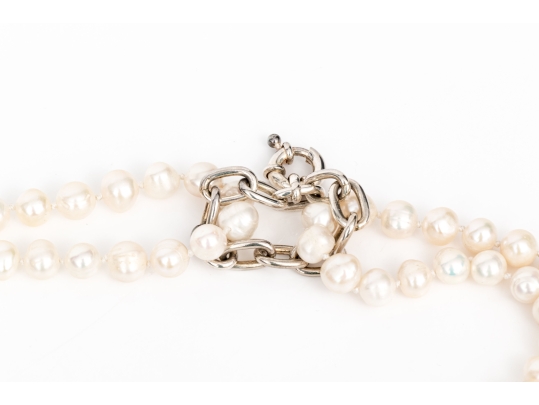 Sterling Fabulous Cultured Open Loop And Four Row Contemporary Cultured Freshwater Pearl Necklace