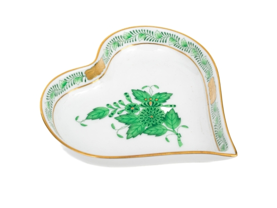 Herend Hungary Hand-Painted Porcelain Heart Shaped Trinket Dish, Green Chinese Bouquet Pattern