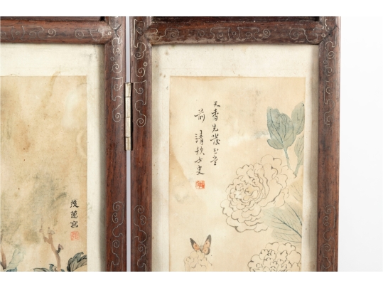 Vintage Chinese Folding Table Screen With Hand-Painted Scenes