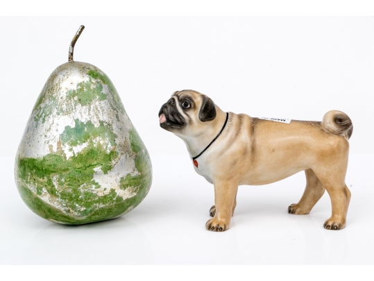 Herend Hungary Hand-Painted Porcelain Pug Figurine, Natural Finish, Red Heart Collar, First Edition