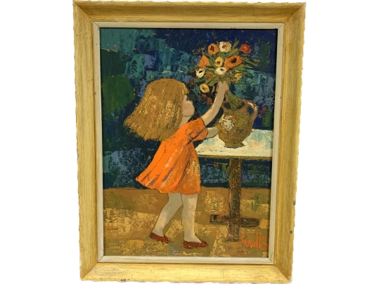 Edith Ferullo (Am. 1928-2008) OIl On Board Girl With Vase Of Flowers