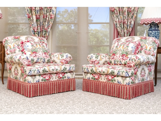 Lavish Pair Of Custom Upholstered Chairs With Bullion Fringe