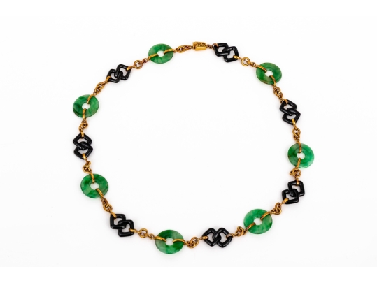 Trio 14k Yellow Gold Beautiful Vintage Nephrite Jade And Black Onyx Link Necklace