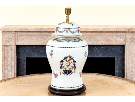 Chinese Export Armorial Style Lidded Porcelain Jar Mounted As A Table Lamp