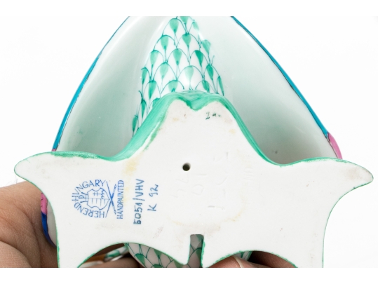 Herend Hungary Hand-Painted Porcelain Goose Figure, Green Fishnet Pattern With Polychrome Wings