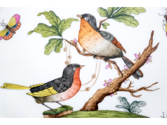 Herend Hungary Hand-Painted Reticulated Porcelain Basket, Rothschild Bird (RO) Pattern