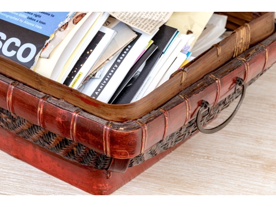 Vintage Chinese Woven Rattan And Lacquered Pillow Form Lidded Storage Box