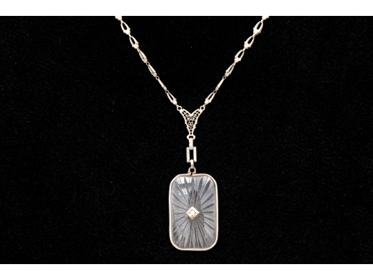 14k White Gold Vintage Rock Crystal Quartz And Diamond Set Necklace With 10k Gold Chain