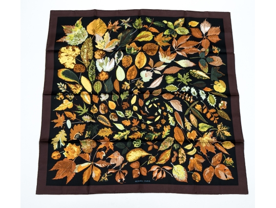 Hermès Striking Fall Leaves Motif Brown And Black Toned Silk Scarf