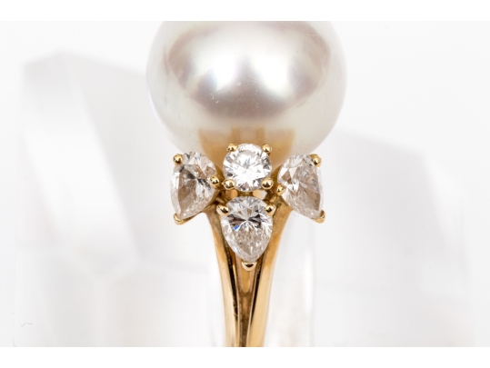 Fred 18k Yellow Gold Magnficent Vintage South Sea Cultured Pearl And Diamond Ring, Size 5.75