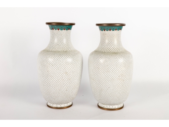 Pair Of Vintage White Cloisonné Floral Vases