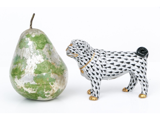 Herend Hungary Hand-Painted Porcelain Pug Figure – Black Fishnet Pattern