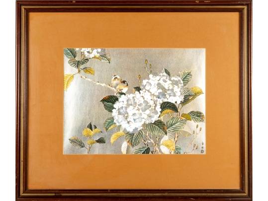 Japanese Foil Print Of Birds And Blossoms