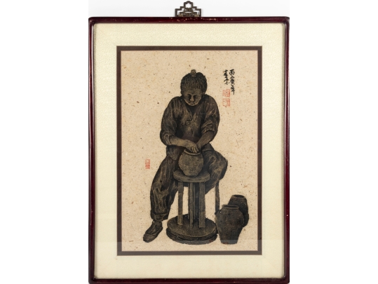 Pair Of Framed Asian Ink Drawings On Textured Paper