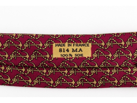 Hermes Burgundy And Gold Anchor Motif Silk Tie, With Box