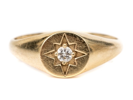 14k Yellow Gold Vintage Diamond Set Signet Style Ring, App. 0.10 CTS, Size 6.25+