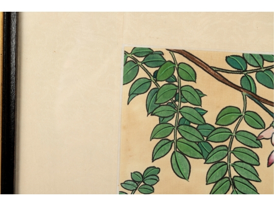 Framed Asian Painting On Silk Of Blue Jays And Blossoms