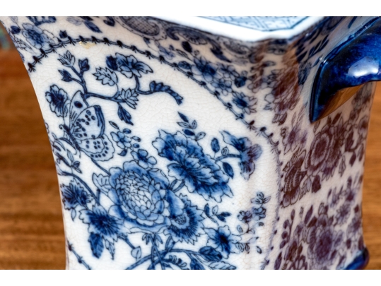 Pair Of Decorative Blue And White Twin Handled Square Beaker Vases