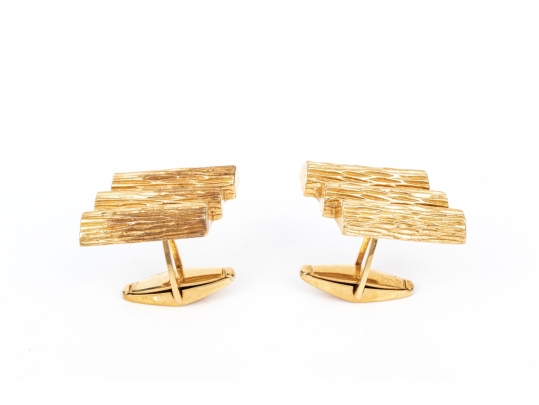 14k Yellow Gold Vintage Brutalist Motif Lozenge Shaped Lever Back Cufflinks