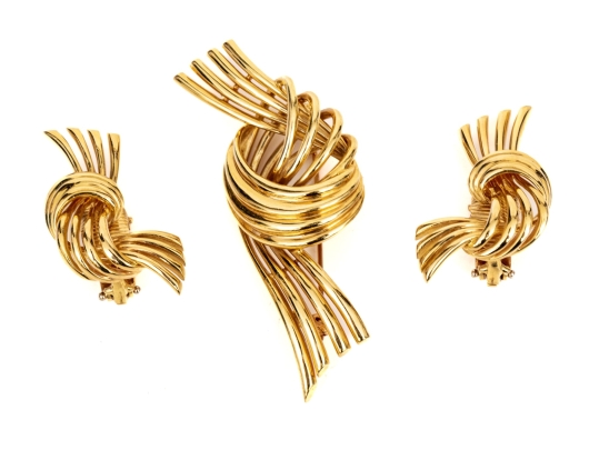 14k Yellow Gold Classic Vintage Knot And Ribbon Matching Earrings And Brooch Set