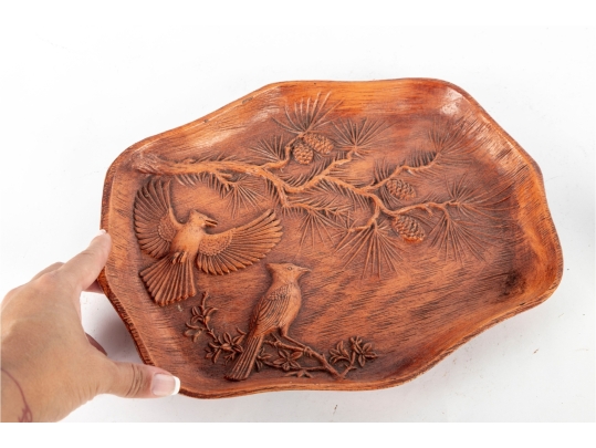 Mid-Century Nutte Products Hand-Carved Wooden Tray With Birds And Pine Motif