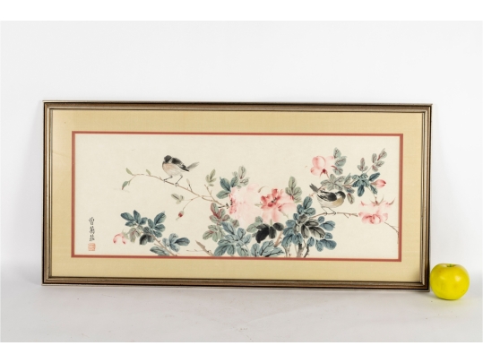 Framed Asian Watercolor Painting Of Birds And Blossoms