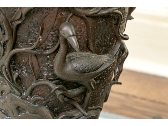 Pair Of Bronze Twin Handled Vases With Topiaries