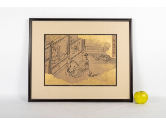 Pair Of Gilt Vintage Chinese Ink Illustrations 