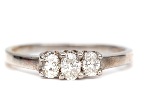 14k White Gold Three Stone Oval Moissanite Ring, Size 6.5