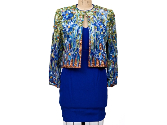 Neman Marcus Stunning Blue Dress With Sequinned Floral Jacket, Size 8